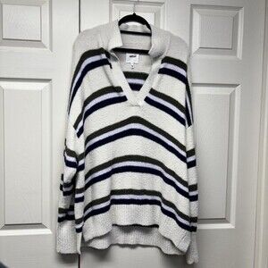 Aerie Unreal V-neck Sweater Striped Size Large Women’s Super Soft Cream Color